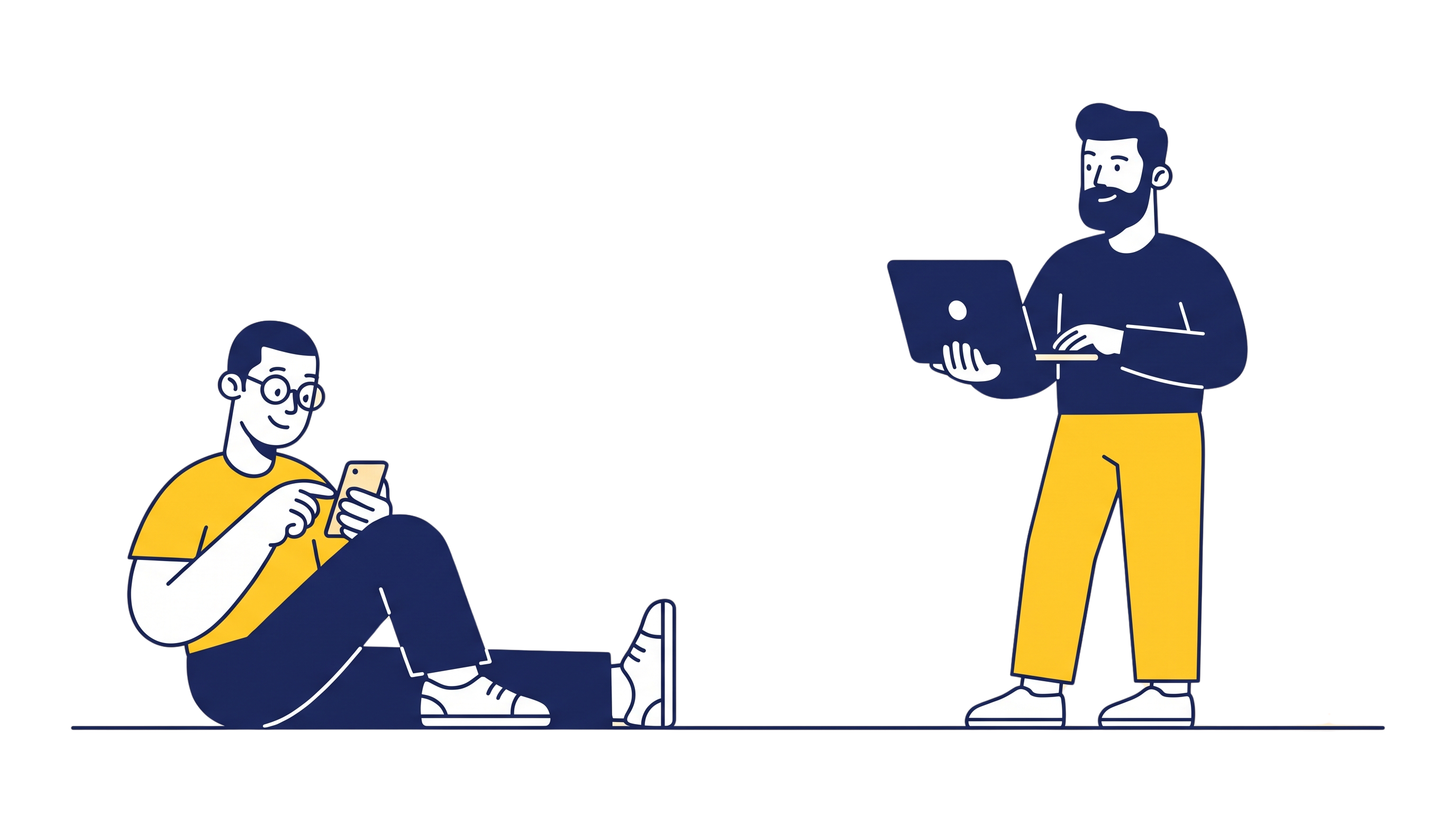 Twee GWN'ers aan het werk: één ontspannen met de telefoon, één staand met een laptop